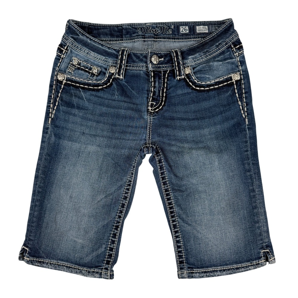 Miss Me Bermuda Shorts Women's 26 Mid Rise Embellished Rhinestone Denim Y2K